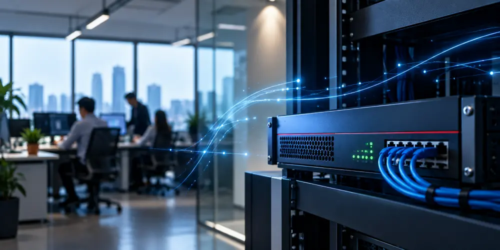 Business firewall protecting a Malaysian SME office network with connected employees and network infrastructure Business firewall protecting a Malaysian SME office network with connected employees and network infrastructure