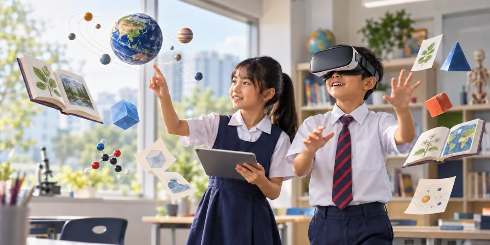 Two students explore classroom learning with a tablet and VR headset.