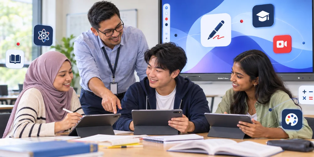 Smart Classroom module image Lecturer helps three students use tablets together in a classroom.
