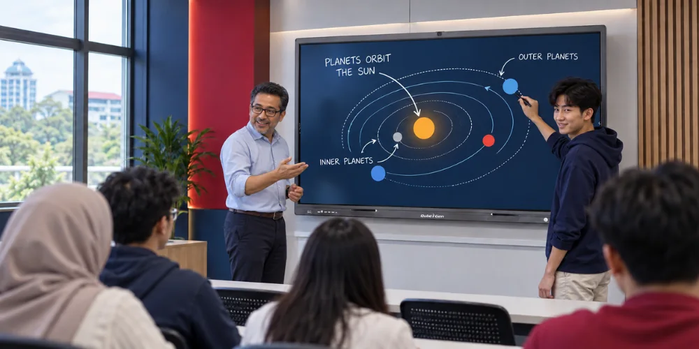 Lecturer and student explain planetary orbits on a classroom display to seated students.
