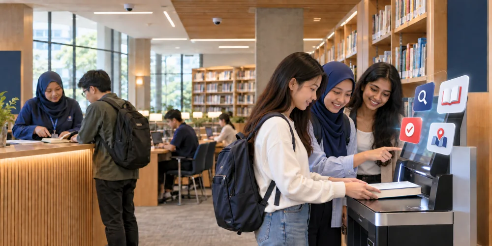 Smart Library module image Students use a library self-service kiosk while others visit the service desk.