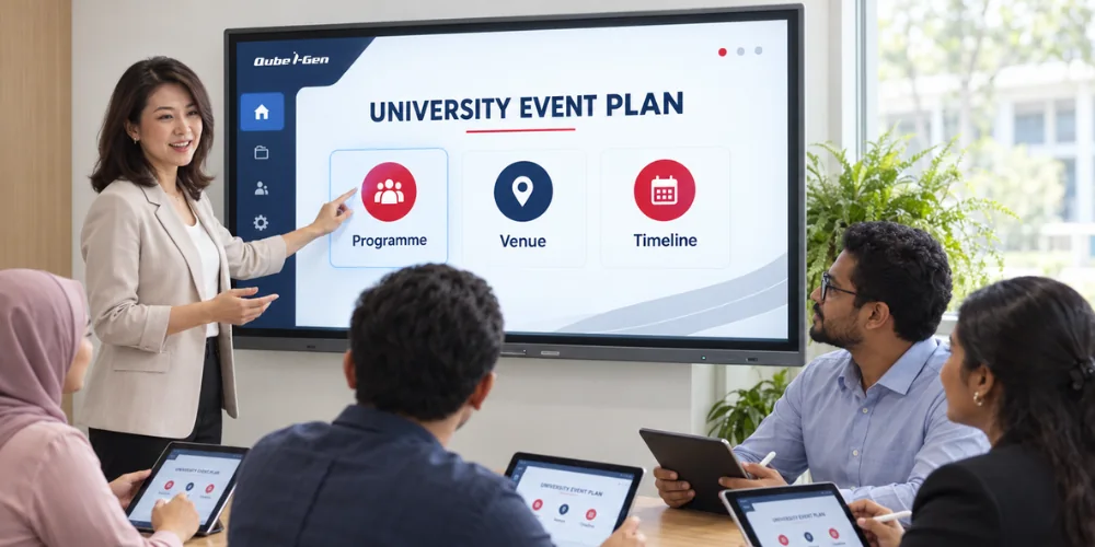 Smart Meeting Room module image Presenter reviews a university event plan on a display with a meeting group.