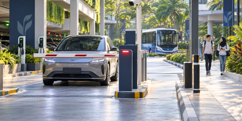 Smart Parking module image Car approaches an entry barrier beside a campus walkway and shuttle bus.