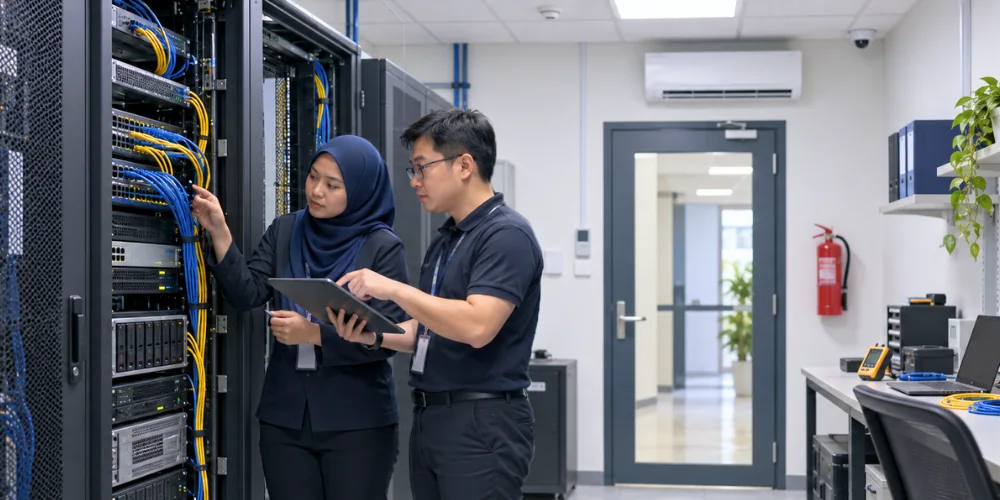 Smart Server Room module image Two staff inspect network equipment in a server room while using a tablet.