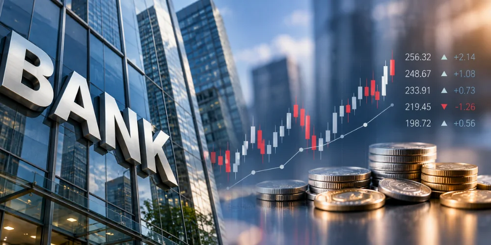 Bank building, financial charts and coins representing financial services.