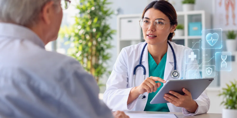 Doctor discusses care with a patient while using a tablet in a clinic.