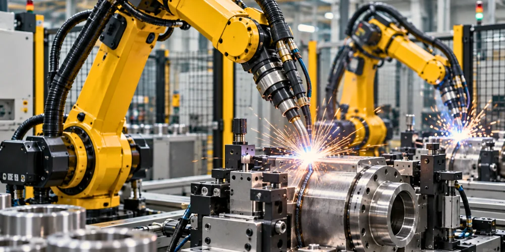 Industrial robots weld metal components on a manufacturing line.