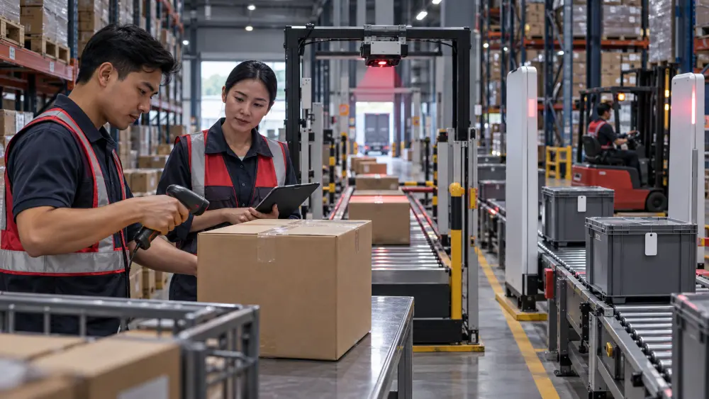 Warehouse staff comparing barcode scanning, fixed scanning and RFID workflows in a modern warehouse.
