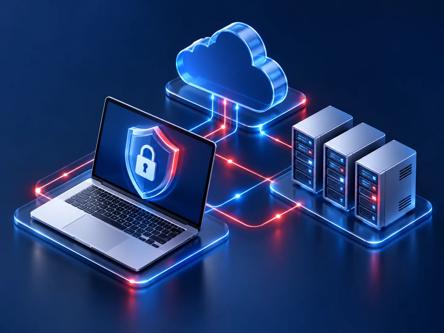 Cybersecurity Governance and Risk Management Illustration connecting a protected laptop, cloud and servers.