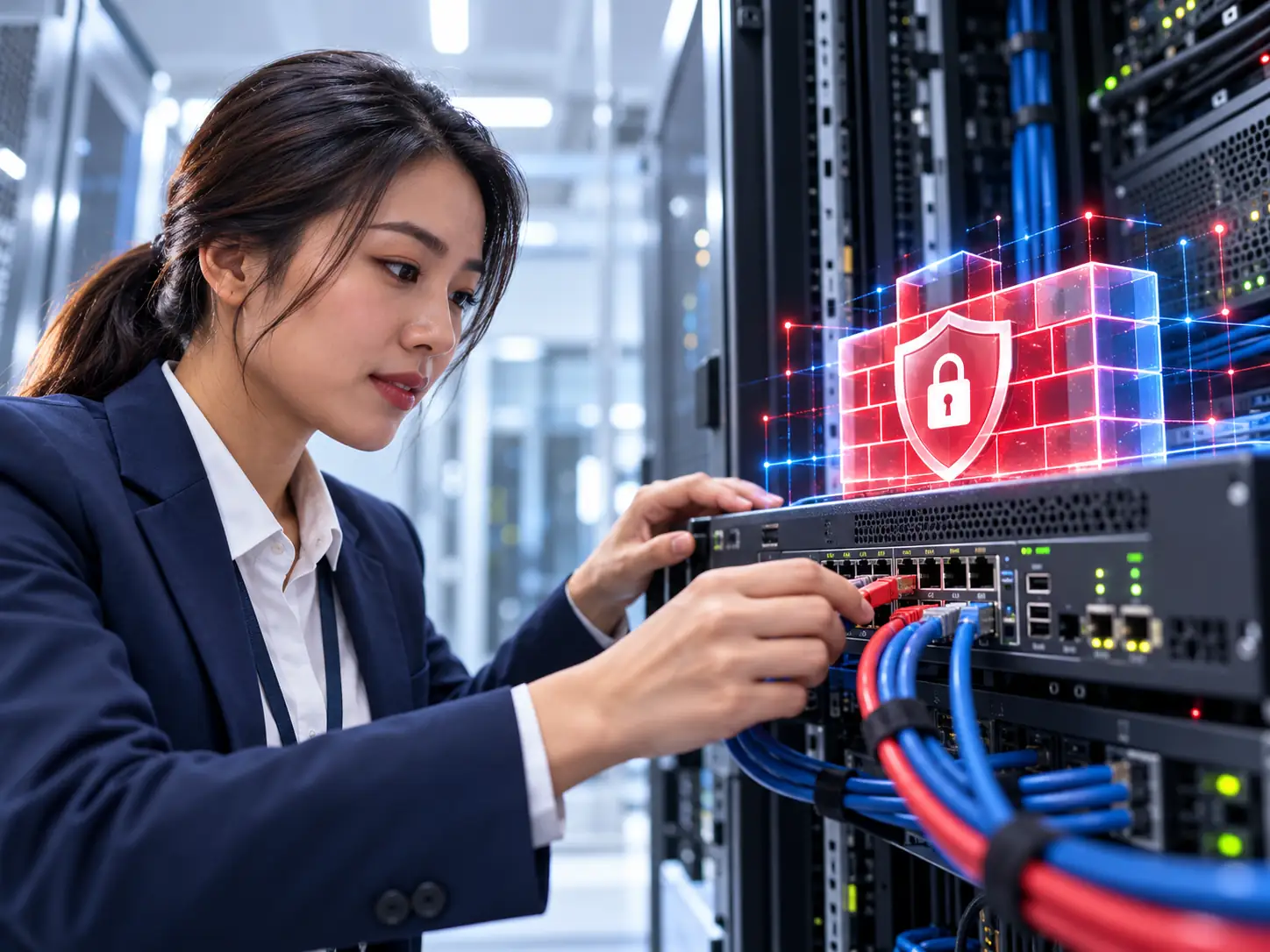 Platform Security and Network Firewall Network engineer working on a server rack beside an illustrated firewall and lock.