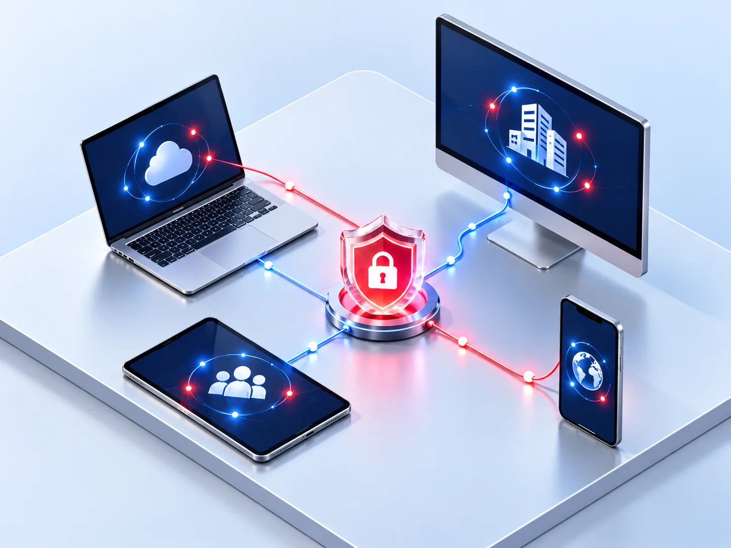 Endpoint Security for Connected Devices Illustration of a shield protecting a connected laptop, desktop, tablet and phone.