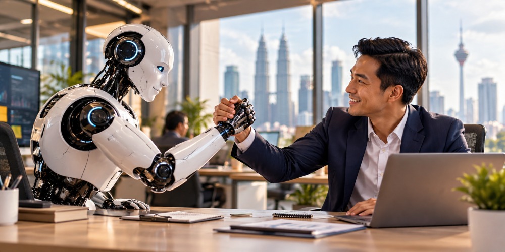 Malaysian businessman and humanoid AI robot shaking hands in a modern Kuala Lumpur office, symbolizing safe AI use, clear boundaries and human-AI collaboration. Malaysian businessman and humanoid AI robot shaking hands in a modern Kuala Lumpur office, symbolizing safe AI use, clear boundaries and human-AI collaboration.