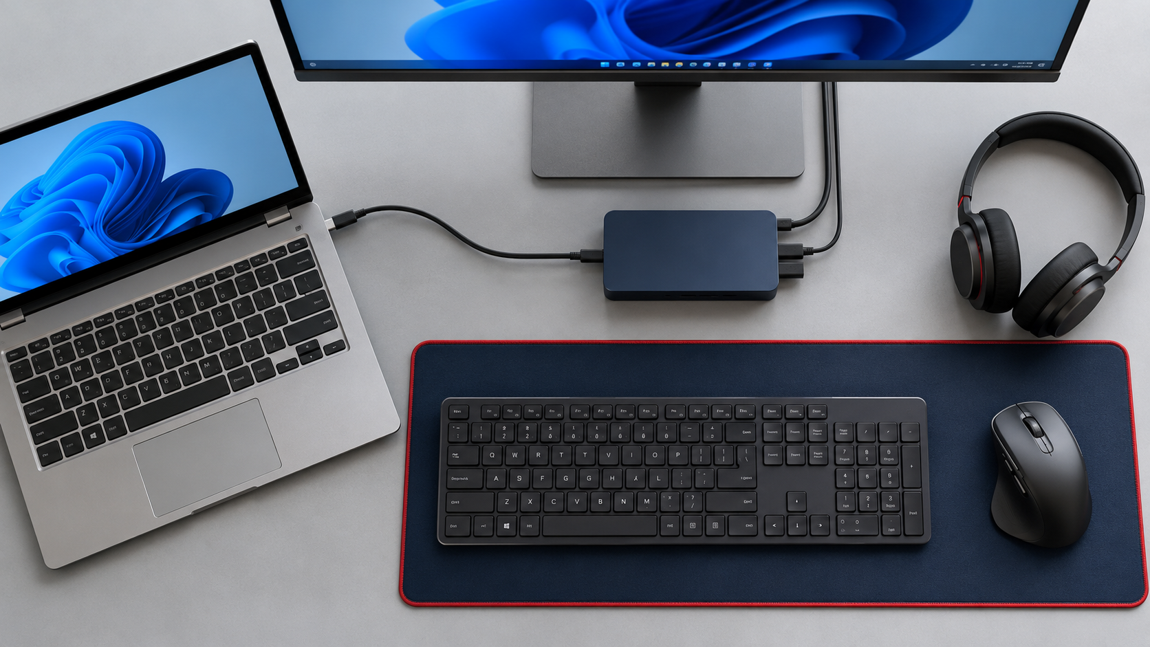 Overhead view of a laptop connected to a docking station, with a monitor, keyboard, mouse and headset.