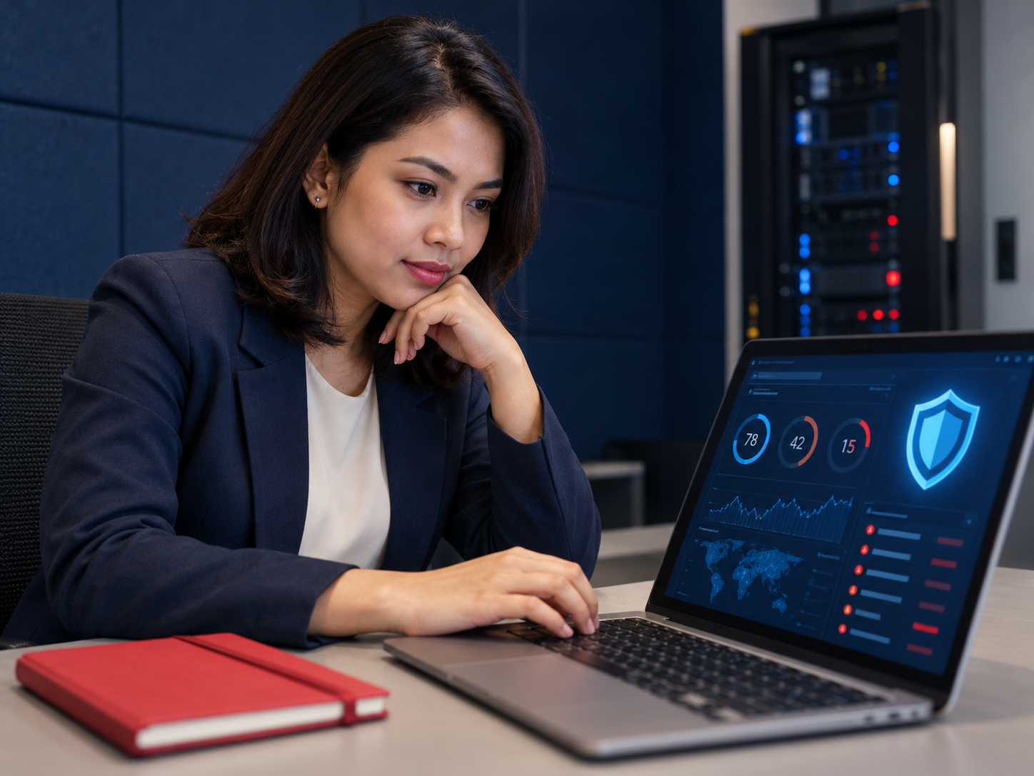 Business Cybersecurity Protection Cybersecurity consultant reviewing a laptop security dashboard in a navy consultation room.
