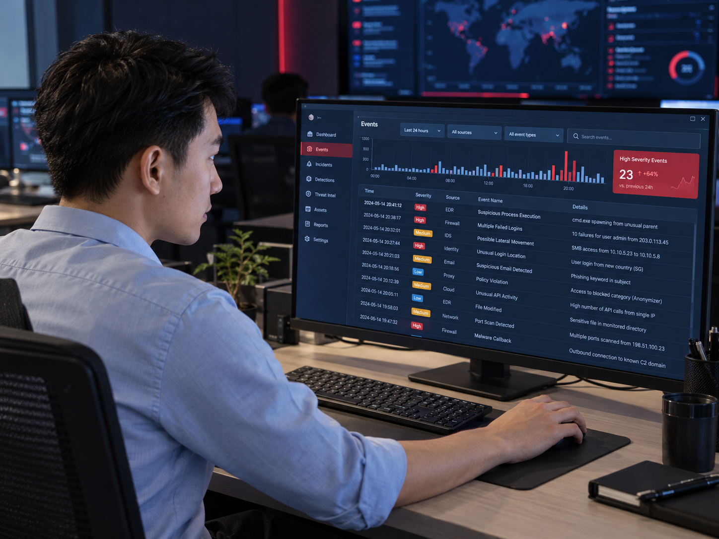 SIEM Security Monitoring Security analyst reviewing event logs and threat alerts on a monitor in a security operations room.