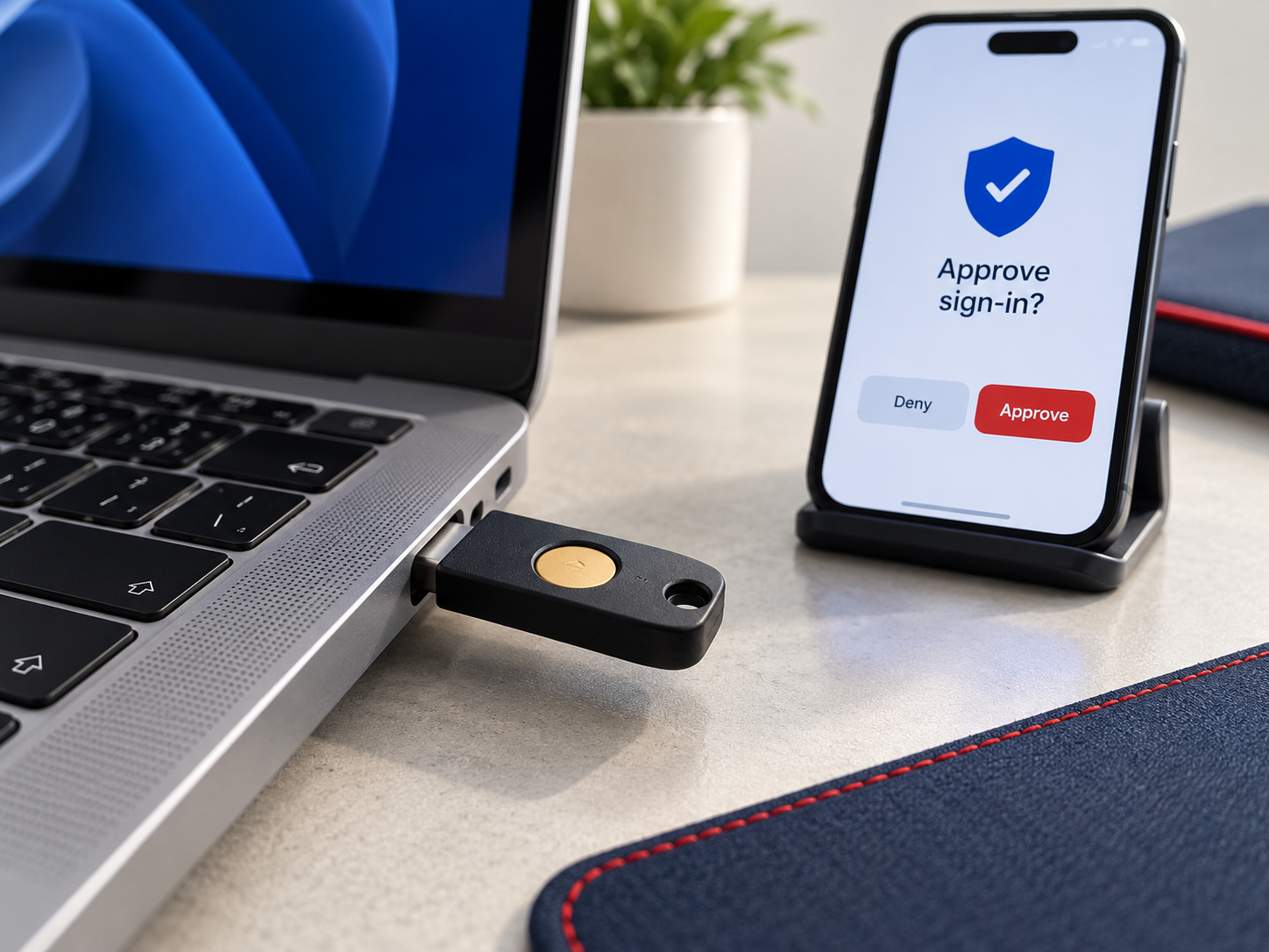 End-User Protection & Secure Sign-In Hardware security key connected to a laptop beside a phone displaying a sign-in approval request.