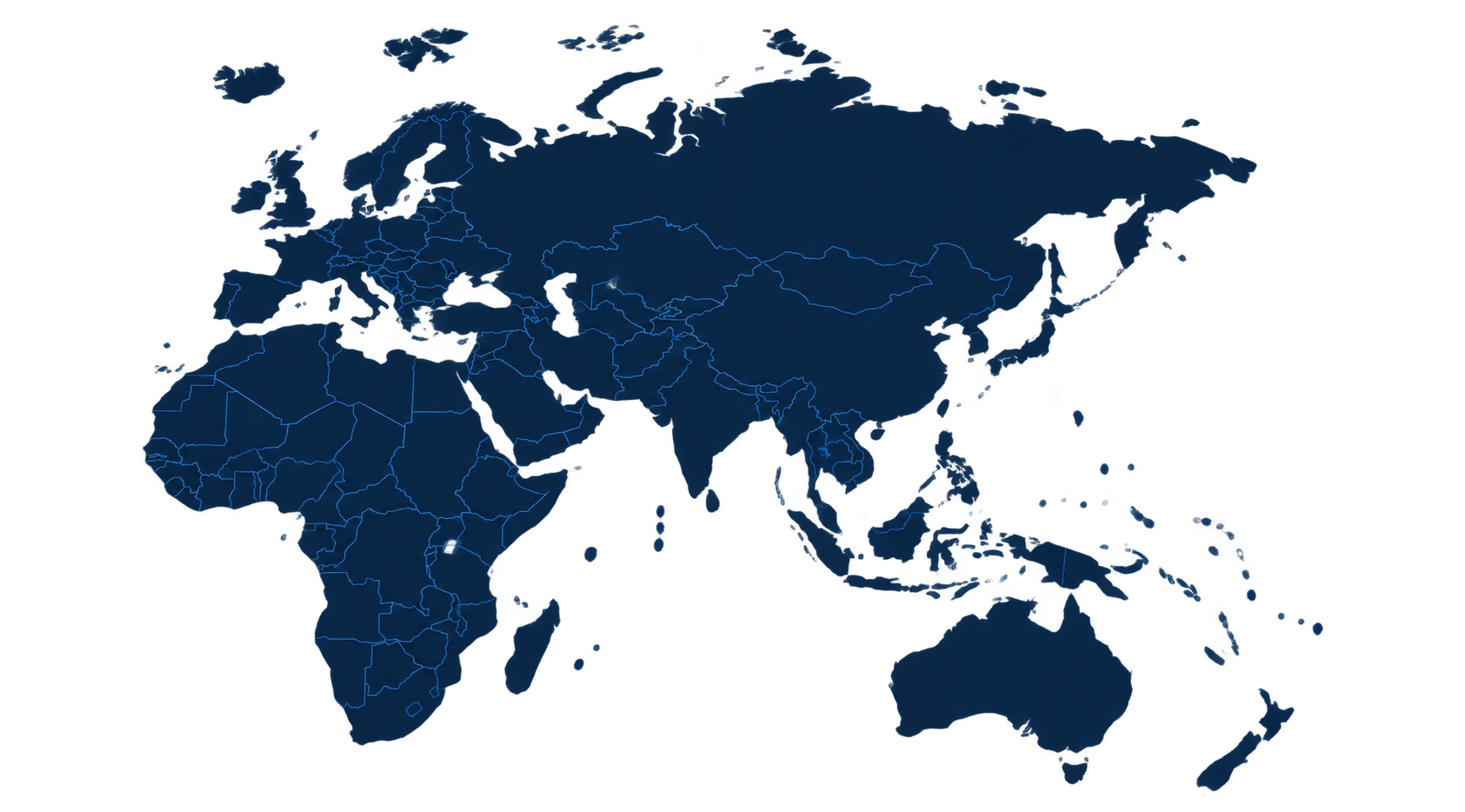 QubeApps Regional Presence — Malaysia and International Markets Flat navy-blue map of Europe, Africa, Asia and Oceania with country borders.