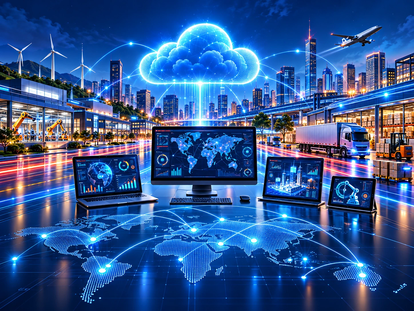 Neon Cloud Over Smart City Network Futuristic digital technology ecosystem connecting cloud computing, data analytics, smart manufacturing, IT infrastructure, and logistics through an integrated global network.