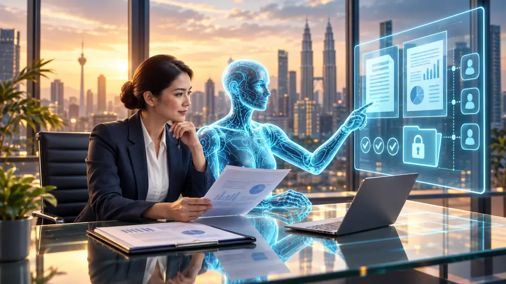Business manager reviewing documents with a holographic AI assistant and a screen showing security and access icons. Business manager reviewing documents with a holographic AI assistant and a screen showing security and access icons.