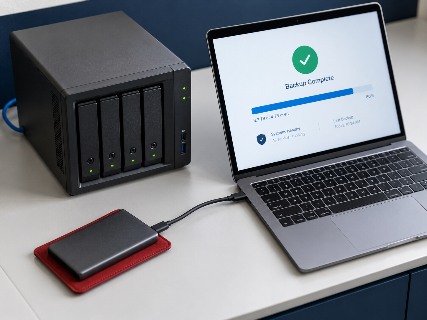 Data Protection & Business Continuity Backup storage unit and portable SSD beside a laptop displaying a completed backup.