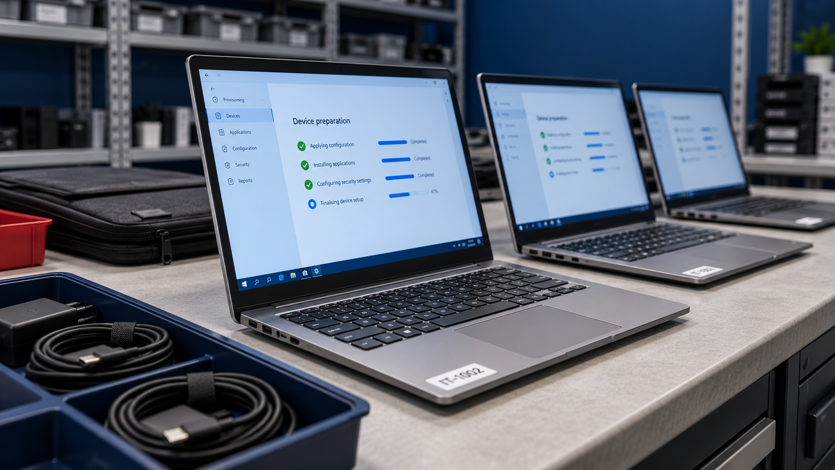 Device Configuration & Deployment Three business laptops displaying setup progress on an organised equipment preparation bench.