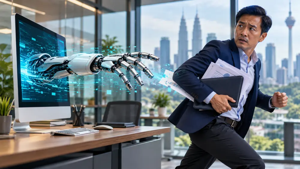 Malaysian businessman protecting company documents from a robotic AI hand emerging from a computer, illustrating AI data security risks at work. Malaysian businessman protecting company documents from a robotic AI hand emerging from a computer, illustrating AI data security risks at work.