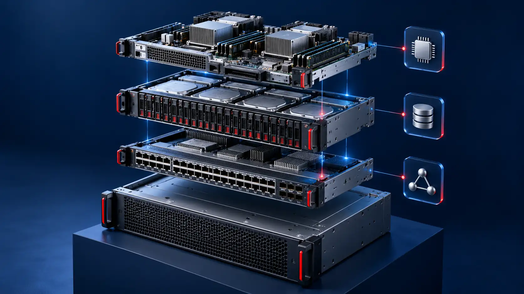 Converged IT Infrastructure Exploded view of server hardware showing compute, storage and networking components.