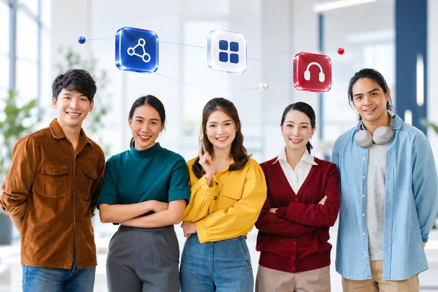 About QubeApps | Connected Business and Support Illustration of five colleagues beneath floating network, application and support icons in a modern office.