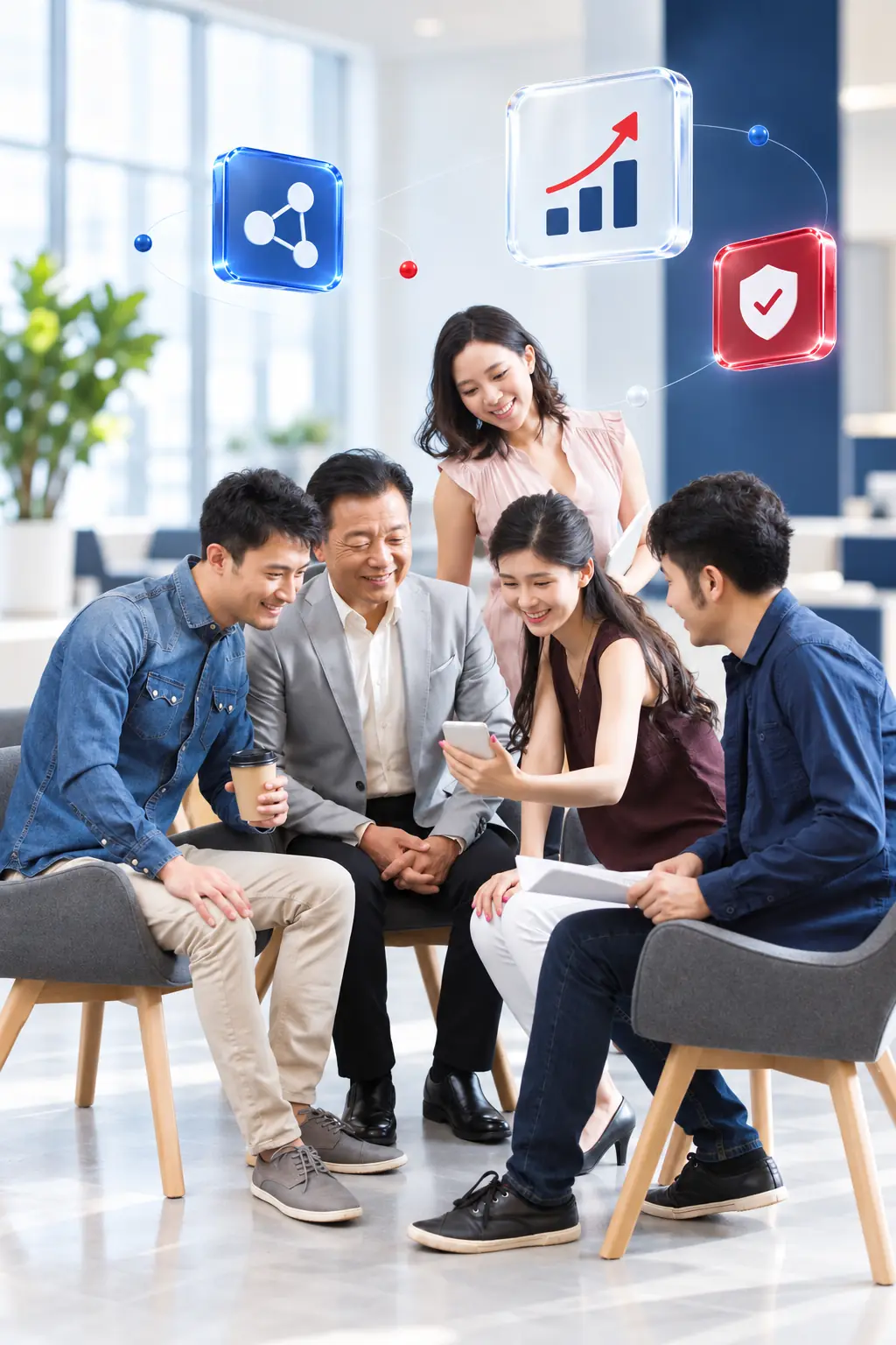 Illustration of five colleagues gathered around a smartphone beneath network, growth and security icons.