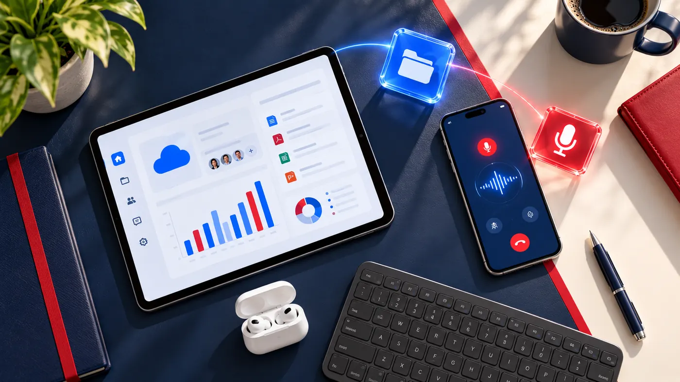 Desk communication devices Tablet dashboard, smartphone voice call and earbuds arranged on an office desk.