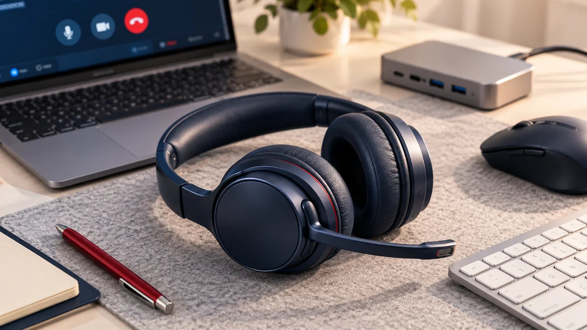 At-the-Desk Workplace Communication | QubeApps Noise-cancelling headset, keyboard, mouse and docking hub on a neatly organised work desk.
