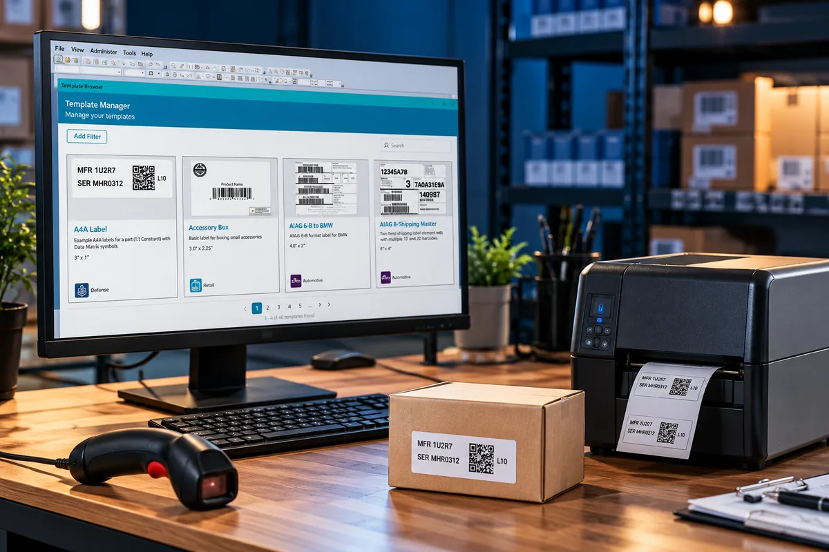 BarTender Labelling and Inventory Solutions Label printer, barcode scanner and label-design workstation on a warehouse packing desk.