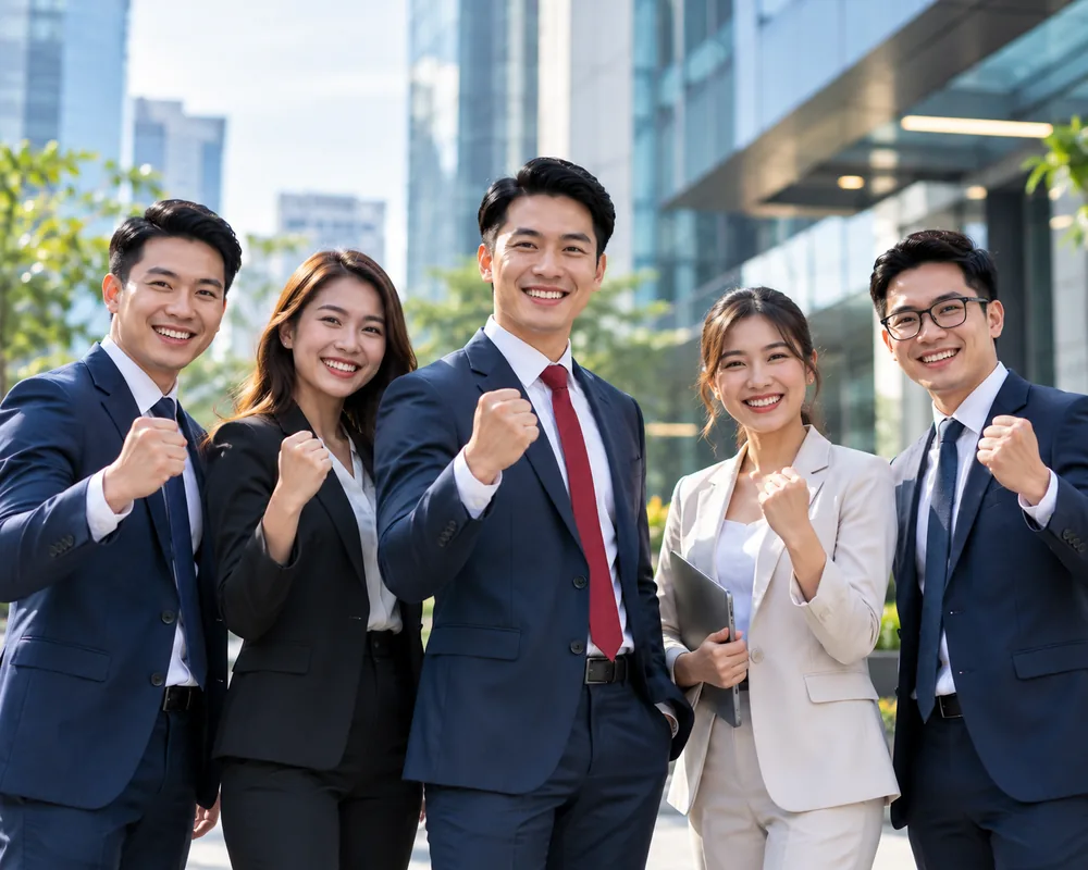 qubeapps-business-team-illustration-results-desktop-1000×800 Illustration of five business professionals celebrating together.