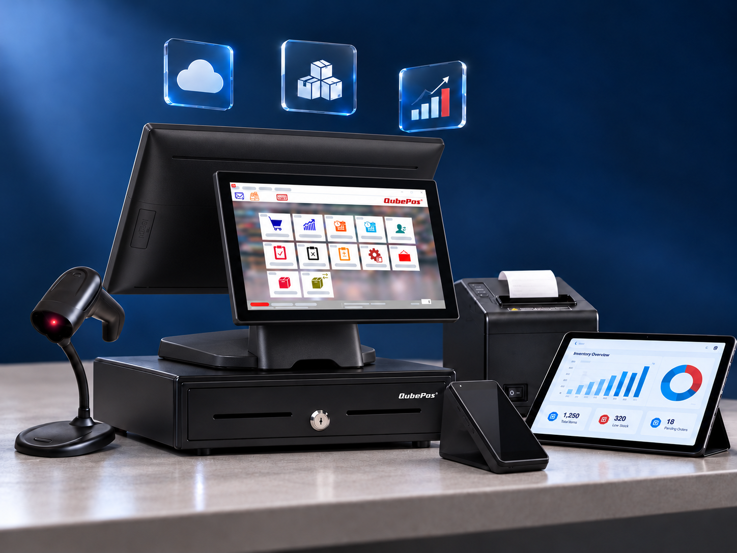 Business Technology Transformation | QubeApps POS terminal, barcode scanner, receipt printer and inventory tablet with cloud and analytics icons.