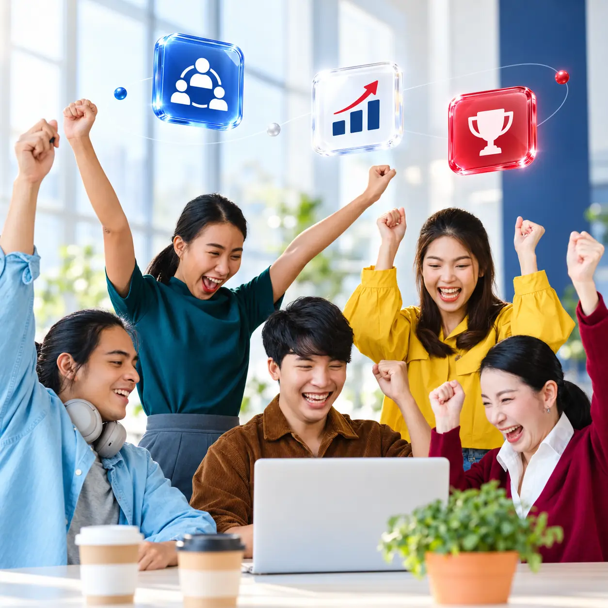 Colleagues celebrating together around a laptop, with teamwork, growth and achievement icons above them.
