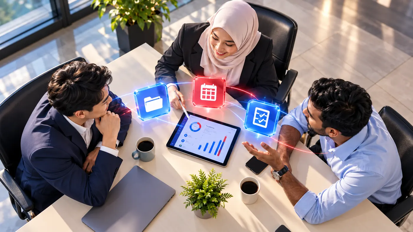 Three Malaysian colleagues reviewing a shared tablet during a project discussion.