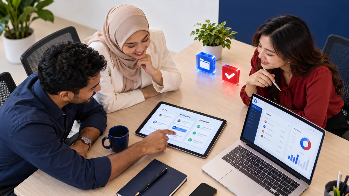 Better Communication for Business Operations | QubeApps Three colleagues coordinating project tasks around a tablet and laptop at a bright meeting table.