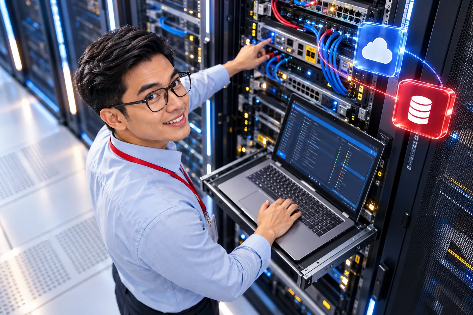 Converged Infrastructure IT professional working with a laptop and connected server equipment.