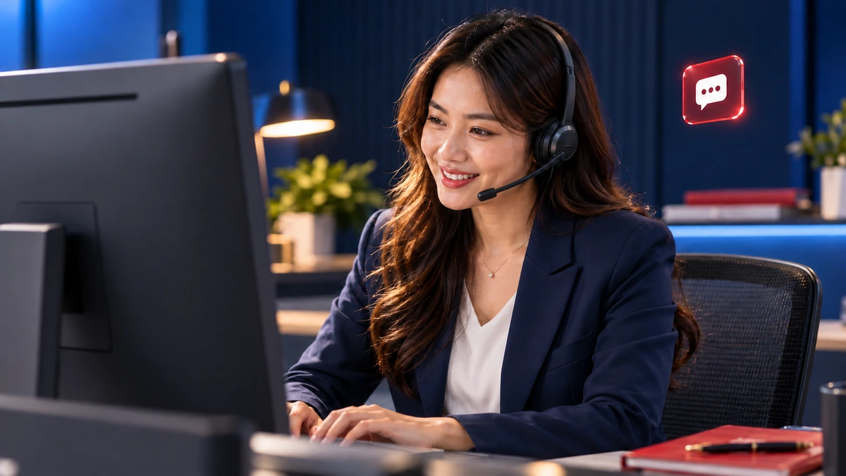 Customer Service Communication Tools | QubeApps Customer support agent wearing a headset and working at a desktop computer in a deep blue workspace.