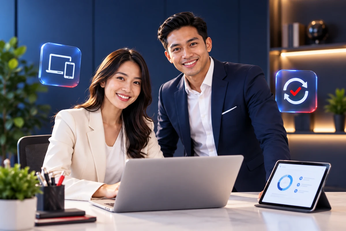 Business Device Management Consultation | QubeApps Two smiling professionals beside a laptop and tablet, with floating device and lifecycle management icons.