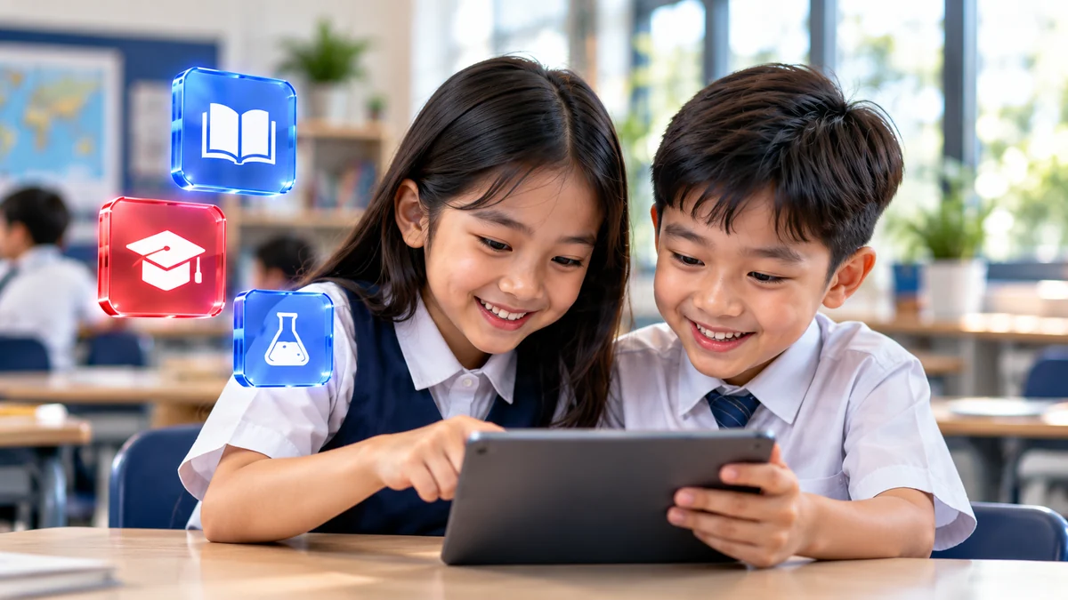 Two students in a Malaysian classroom use a tablet beside floating education and science icons.
