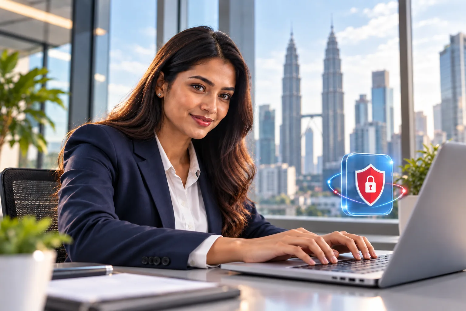 Endpoint & Network Security Professional using a laptop beside a security shield symbol.