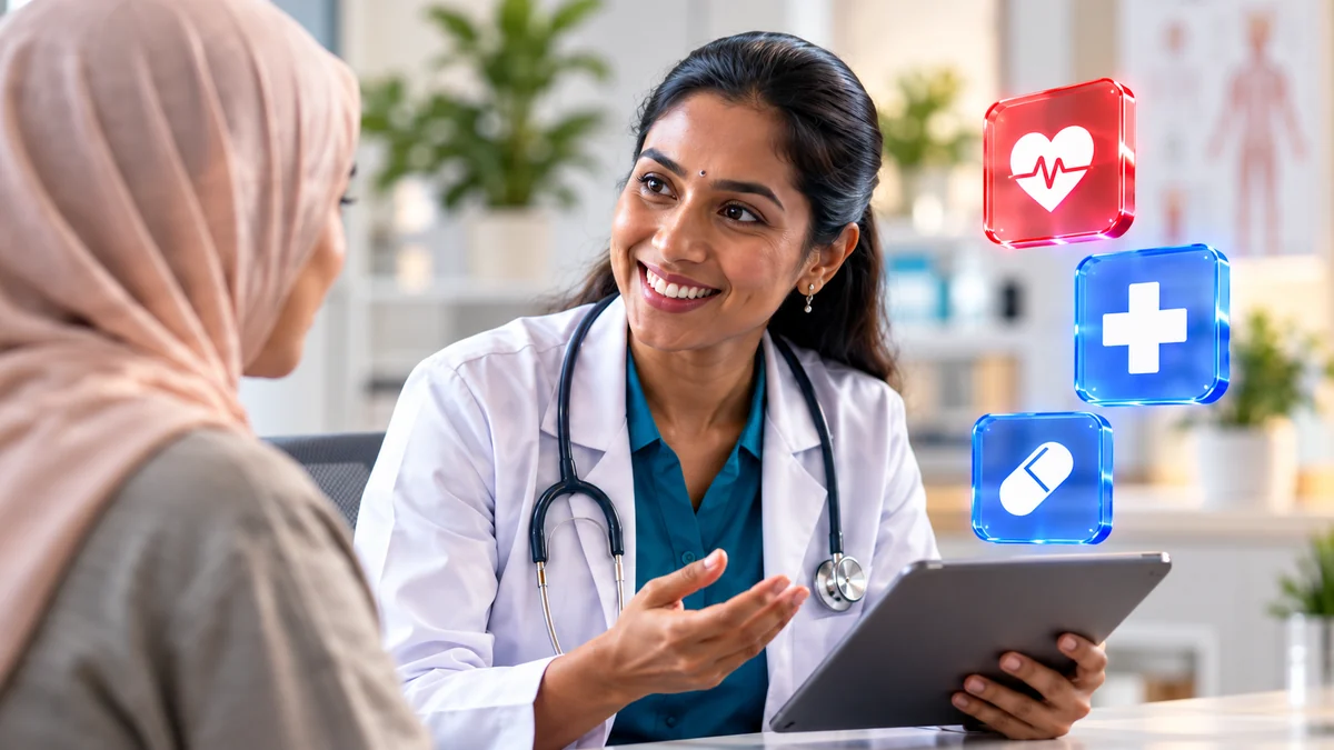 Doctor consults a patient while holding a tablet, with floating medical icons beside them.