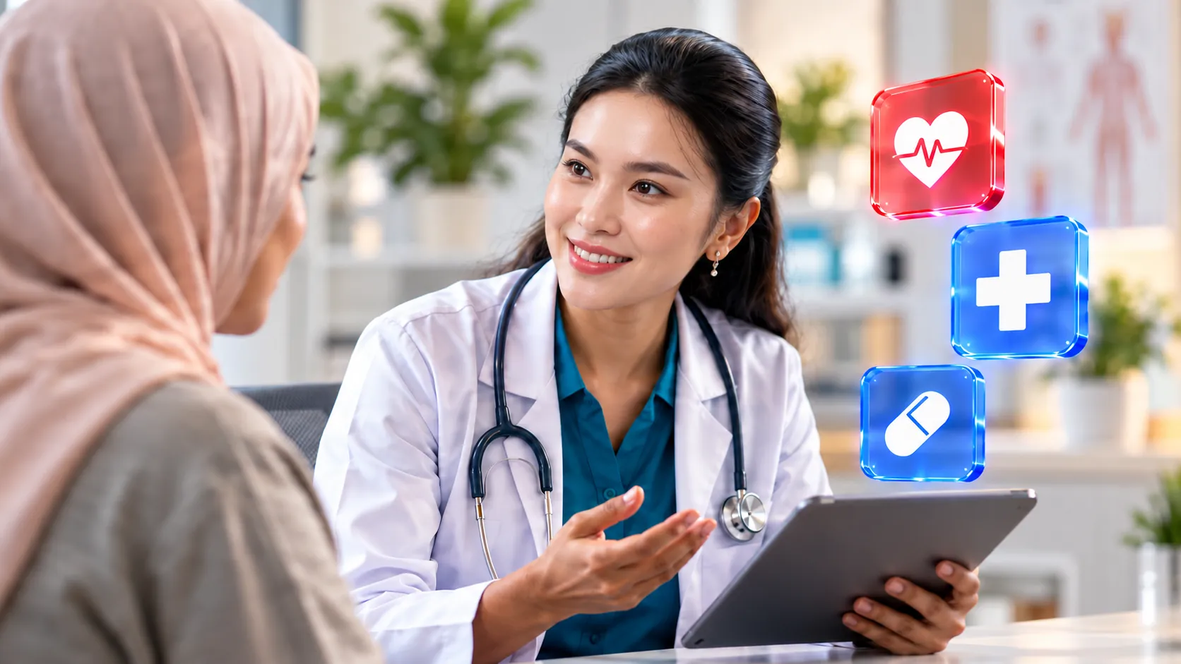 Doctor consults a patient while holding a tablet, with floating medical icons beside them.