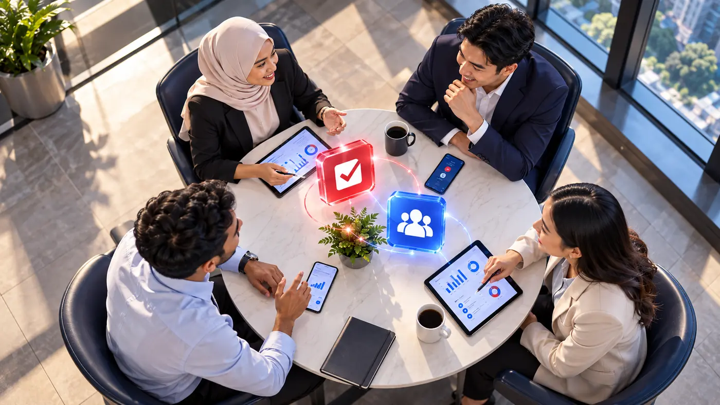 Malaysian team huddle Four Malaysian colleagues sharing tablets and phones around a small meeting table.