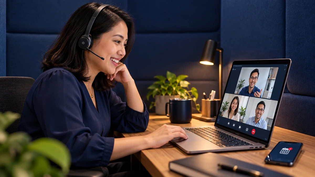 Hybrid Working & Connected Teams | QubeApps Professional wearing a headset joining a laptop video call from a navy office booth.