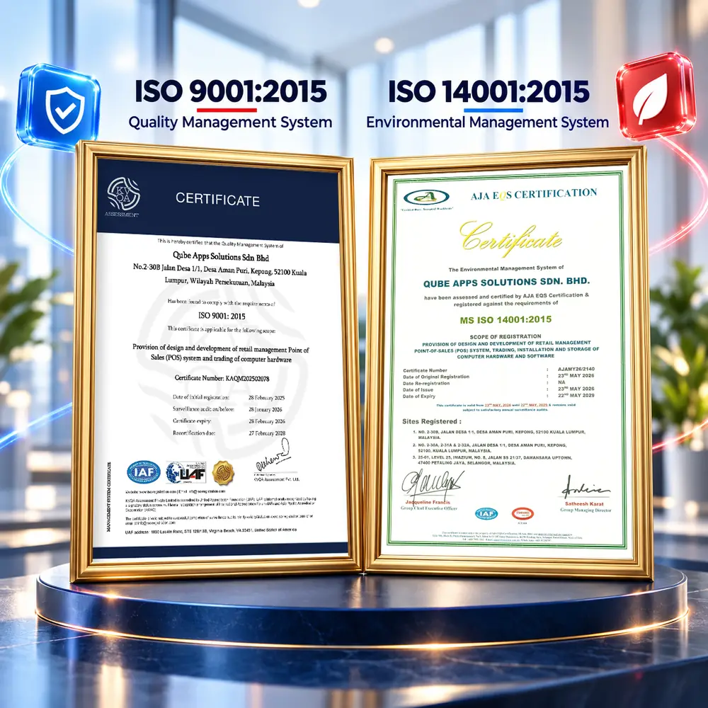 QubeApps Malaysia — ISO 9001:2015 and ISO 14001:2015 Certificates QubeApps Malaysia's framed ISO 9001:2015 quality management and ISO 14001:2015 environmental management certificates.
