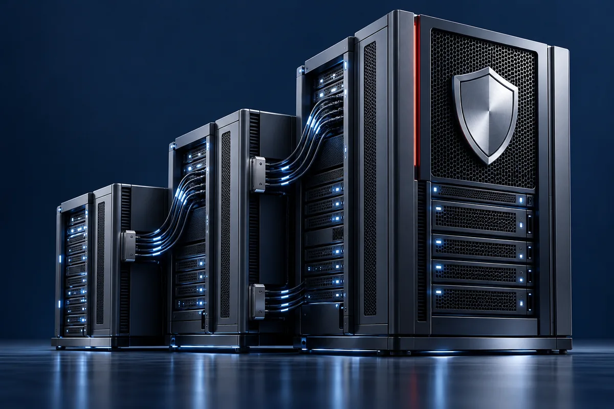 IT Infrastructure Built for Business Growth Connected server modules rising in height with a shield, representing scalable, secure IT infrastructure for business growth.