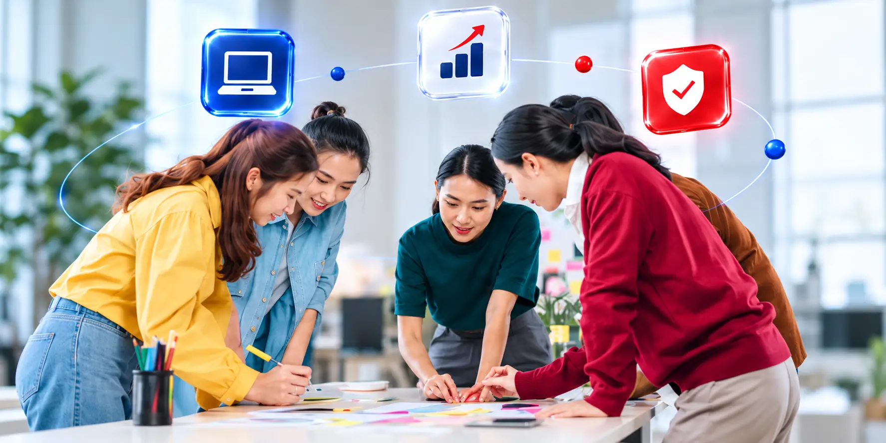 QubeApps IT Solutions Team Collaboration Four women collaborate around a table beneath icons representing IT systems, business growth, and security