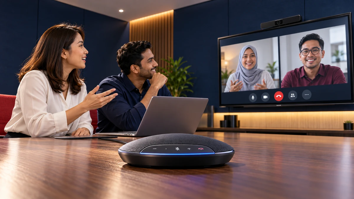 Communication & Collaboration Solutions | QubeApps Colleagues holding a video meeting in a navy meeting room with a conference speakerphone in the foreground.